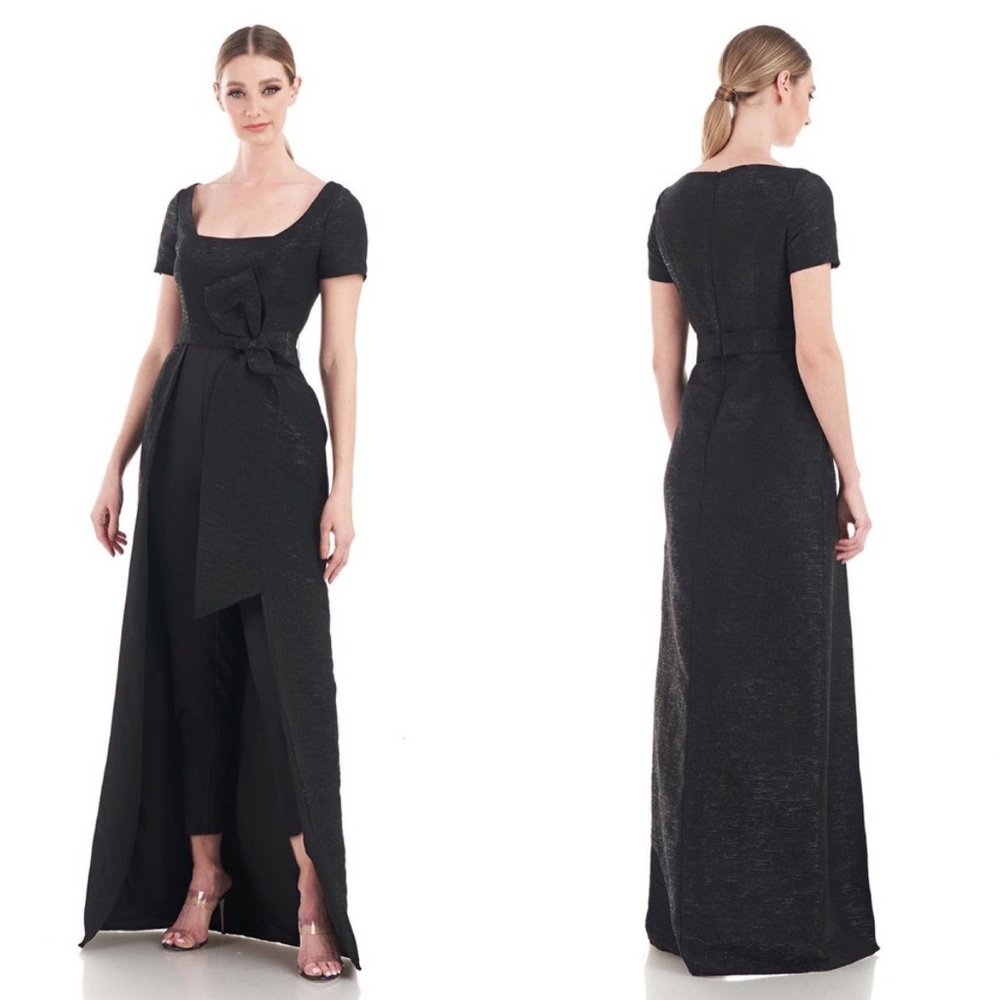 NWT Kay Unger New York Black Olympia Metallic Jacquard Walk-Thru Jumpsuit 10